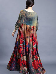 Plus-Size Flower Printed Retro Split Hem Silk Dress
