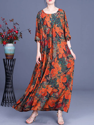 Women Floral Irregular Casual Vintage Maxi Dress