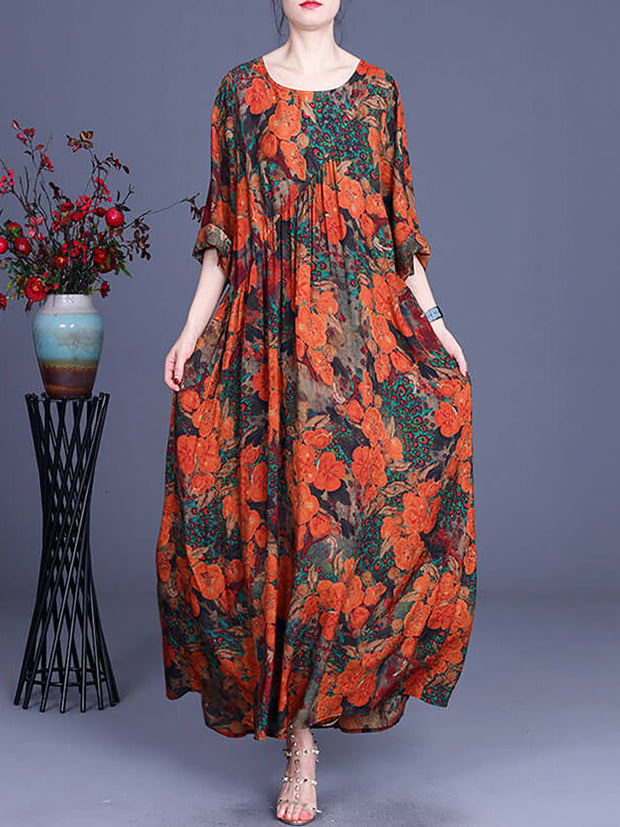 Women Floral Irregular Casual Vintage Maxi Dress