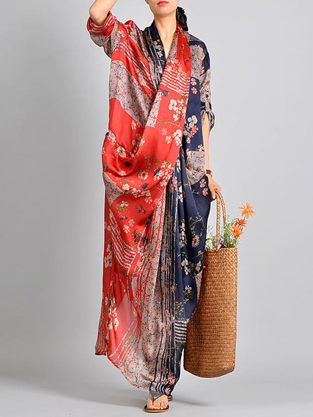 Plus Size - Spliced Floral Print Vintage Tencel Women Dress