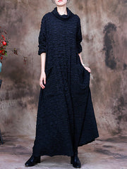 Plus-Size Pocket Pleated Long Sleeve Women Maxi Dress