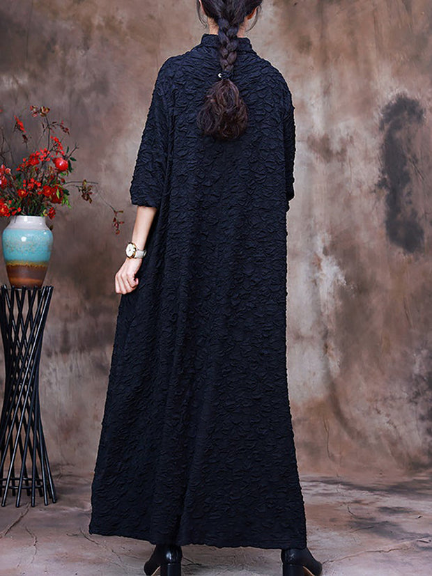 Plus-Size Pocket Pleated Long Sleeve Women Maxi Dress