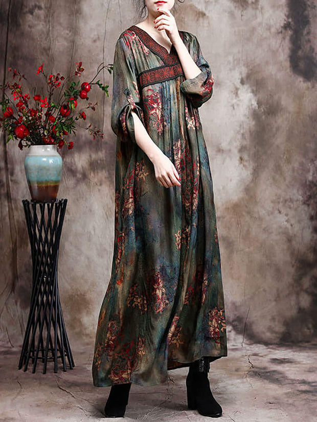 Plus Size Women Retro Rayon Flower Maxi Dresses