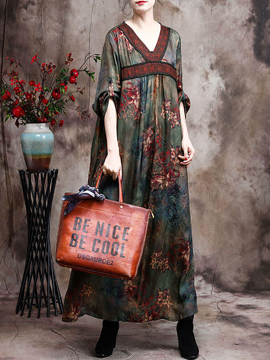 retro floral maxi dress Plus Size Women Rayon Flower Dresses – FALIGE and bohemian chic. Elitara Elegant Greyish Blue Size:SMALL (36) KHAKI GREEN